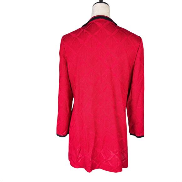 Ming Wang Red Geometric Diamond Knit Black Trim 3/4 Sleeve Cardigan Sweater - Picture 3 of 12